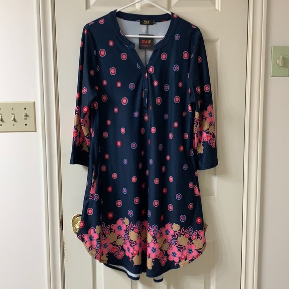 🌷3 for$25🌷R&B Collection, US 1X, Navy & Pink Floral Pocketed Long Sleeve Dress - Picture 3 of 13